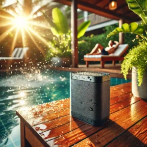 An outdoor Bluetooth speaker with a waterproof design, placed on a beach near the ocean, with waves gently crashing in the background. The speaker is rugged and portable, perfect for outdoor use