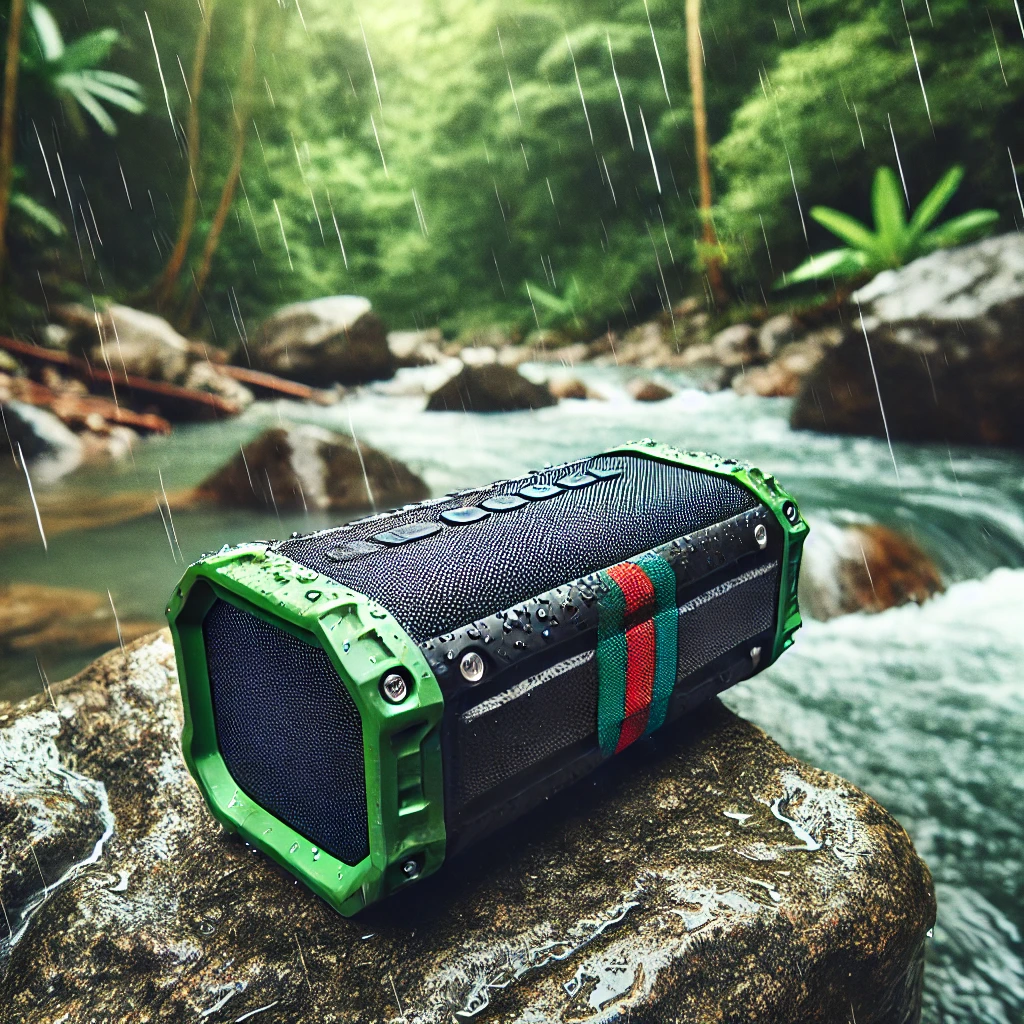 An outdoor Bluetooth speaker with a waterproof design, placed on a beach near the ocean, with waves gently crashing in the background. The speaker is rugged and portable, perfect for outdoor use