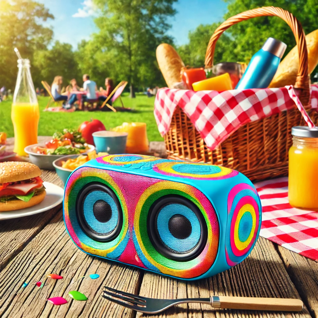  A vibrant and colorful portable Bluetooth speaker on a picnic table in an outdoor park, showcasing its unique design with bright colors.