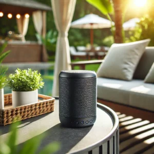 A compact, waterproof Bluetooth speaker on a modern outdoor table surrounded by greenery, showcasing its stylish and portable design