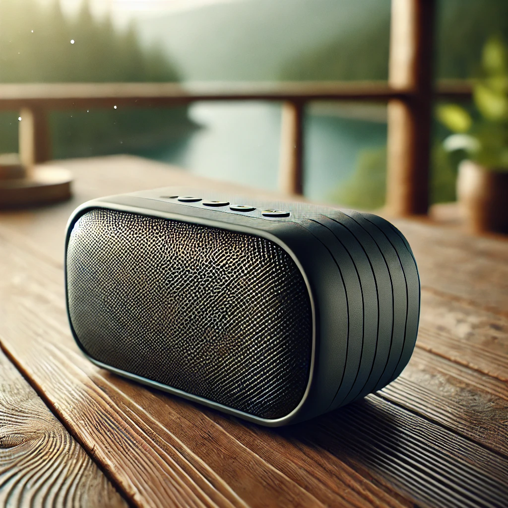 A stylish and modern portable Bluetooth speaker, designed for outdoor and indoor use, placed on a sleek wooden table with natural lighting. The speaker is compact and elegant, emphasizing portability and quality.