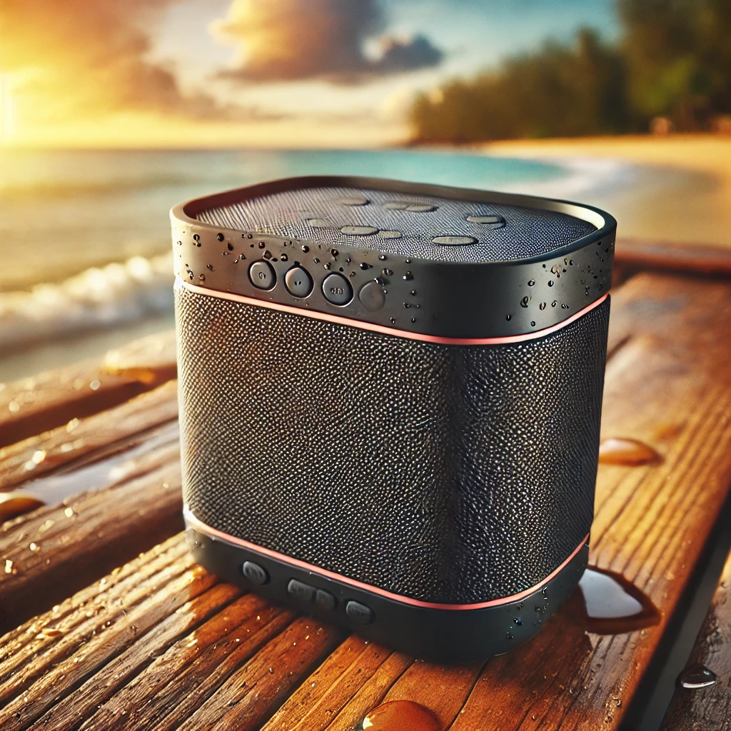 Portable Bluetooth speaker in an outdoor setting, showcasing its waterproof and durable design, perfect for outdoor activities